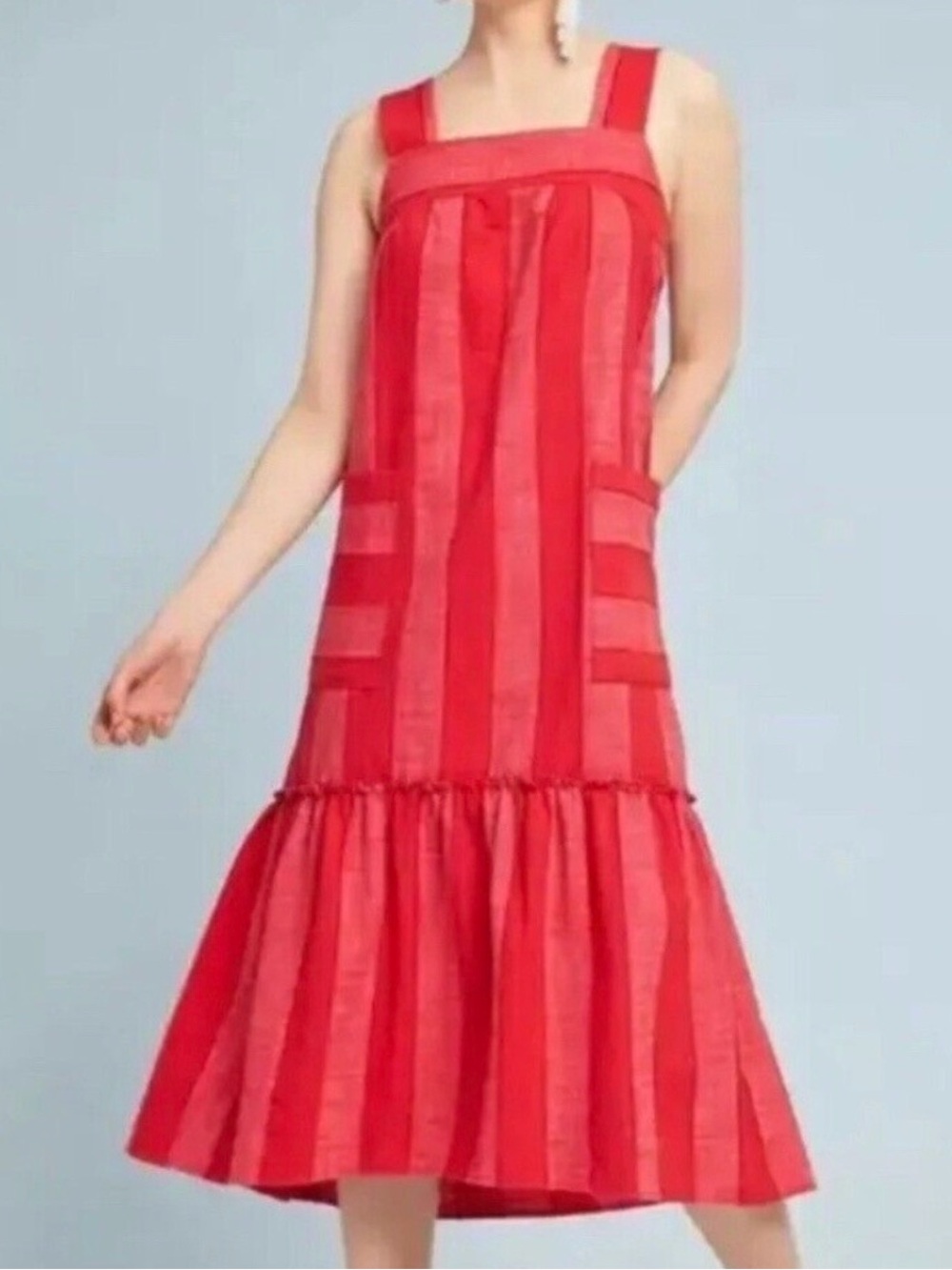 Anthropologie Maeve Red and Pink Striped Square-Neck Midi Dress in M